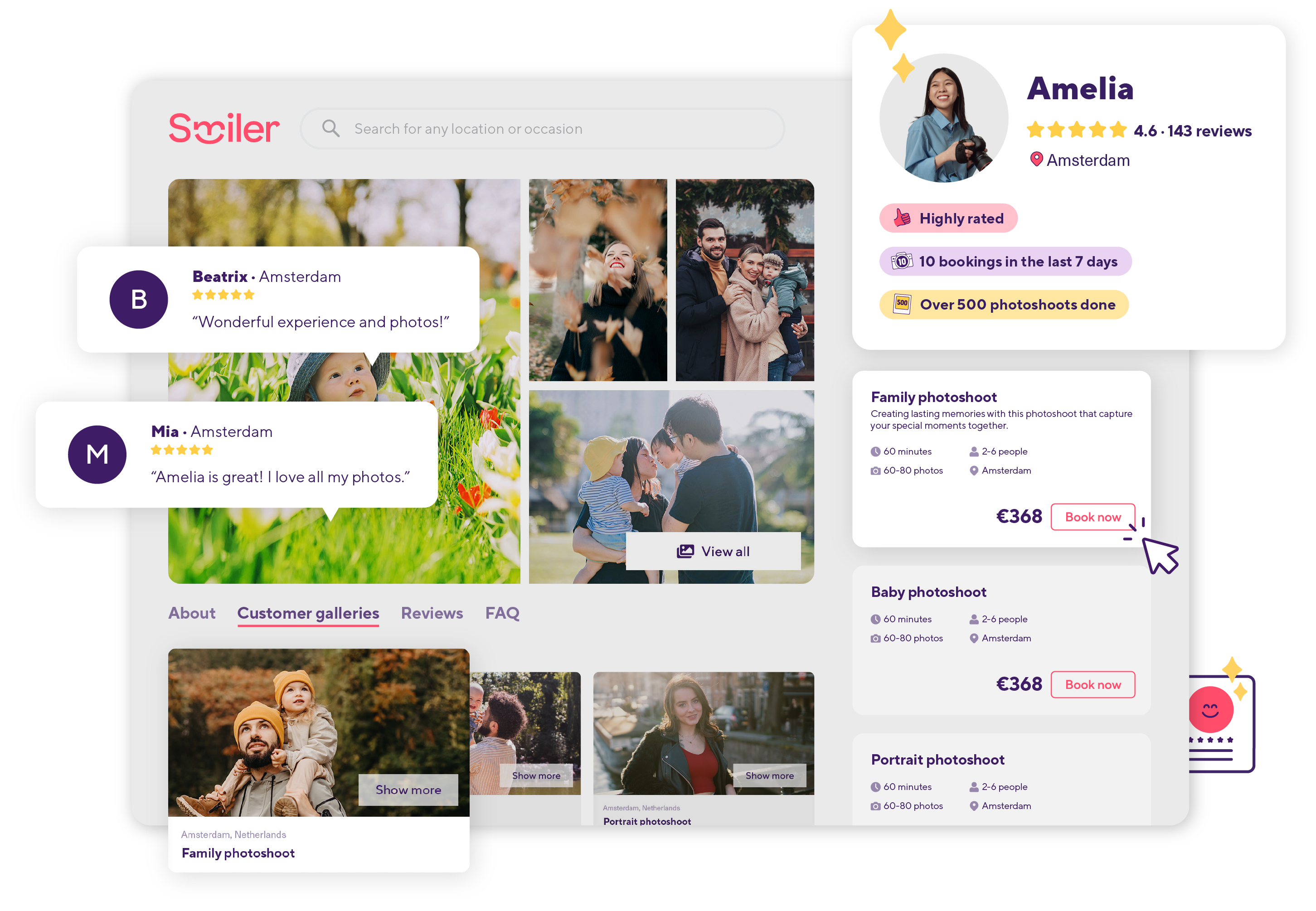 Smiler Storefront with highlighted elements